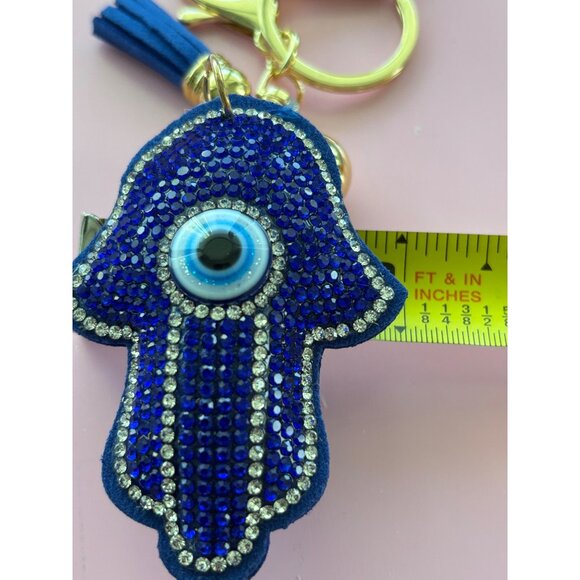 Hamsa Evil Eye Rhinestone Keychain With Tassel & Gold Tone Clip Blue & Gold Colo - Picture 4 of 4
